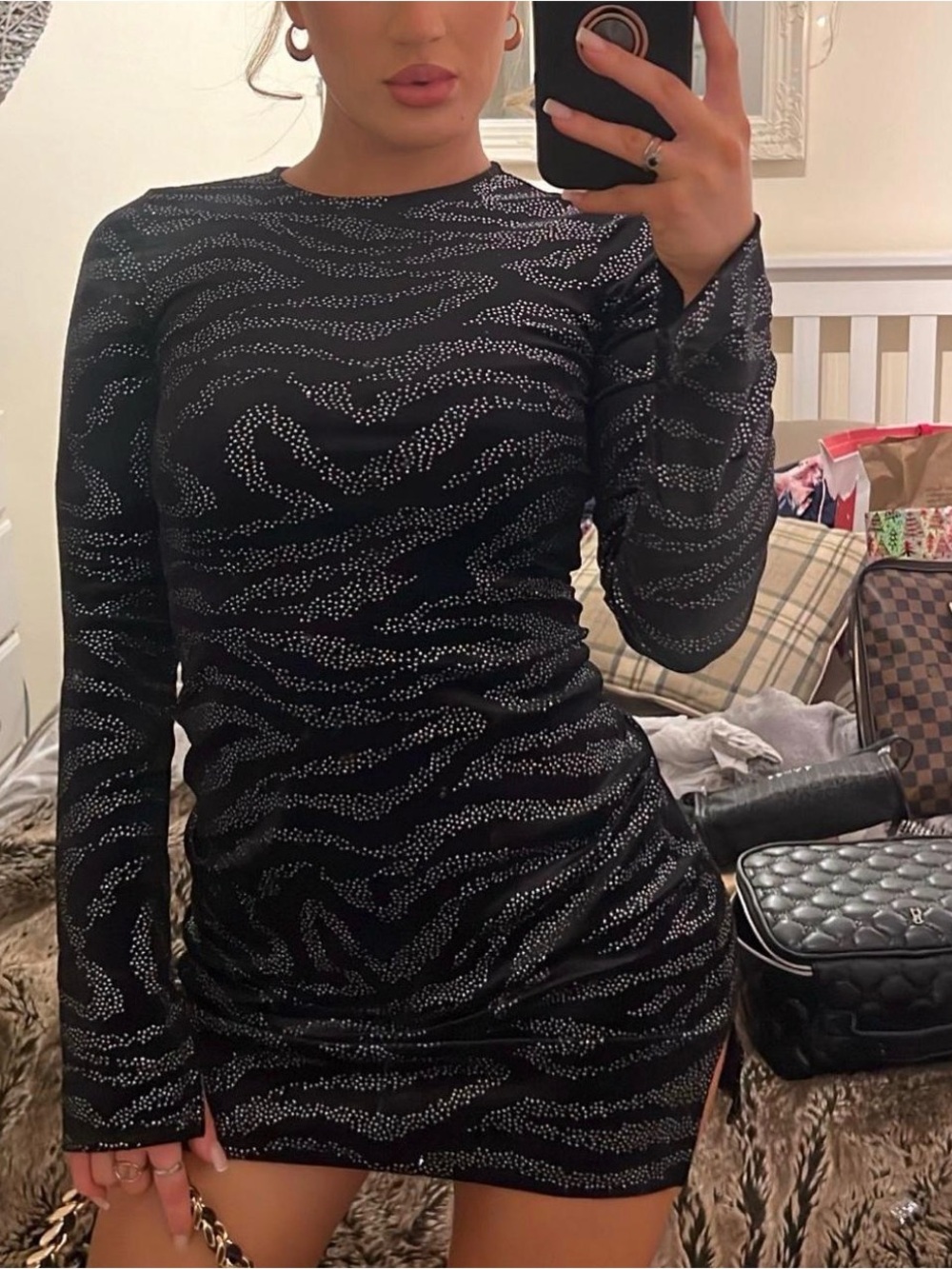 Divided Black Glitter Zebra-Print Long Sleeve Bodycon Dress